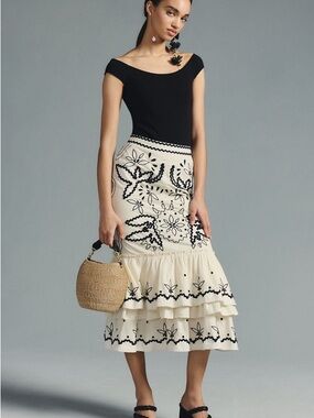 Anthropologie Cream Midi Skirt with Black Embroidered Detail